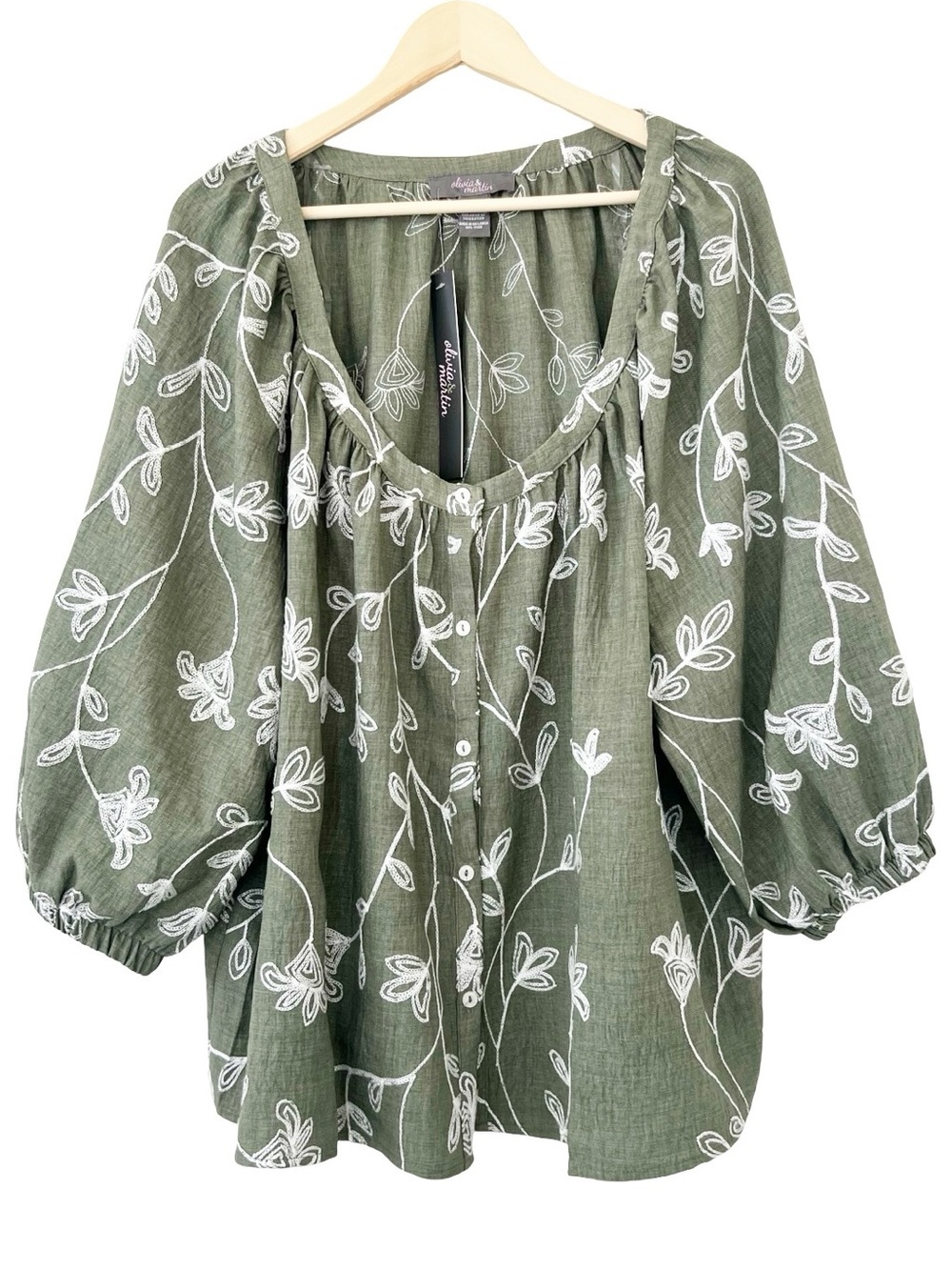 Olivia Martin Green Floral Embroidered Peasant Top Green White 3X NWT